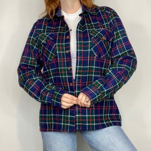 Vintage Woodland Large Navy Heavy Plaid Flannel Shirt Jacket Button Down Shirt - Picture 2 of 14